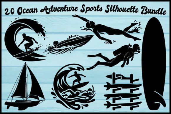 20 Ocean Adventure Sports Silhouette Set: Capturing the Motion of the Sea