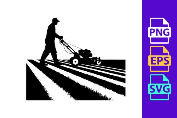 Bringing Home and Garden to Life with Man Silhouette Mowing Lawn on Sunny Day