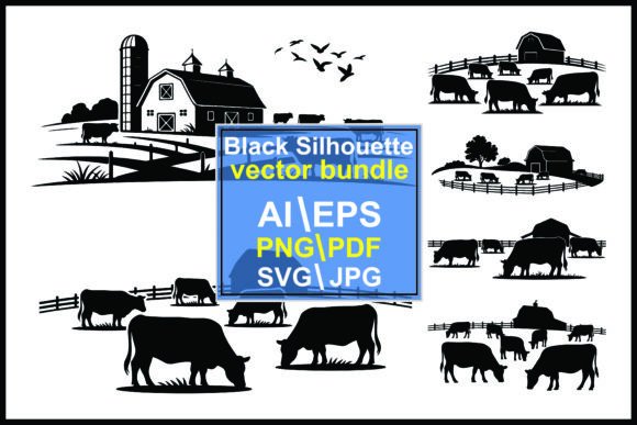 Capturing Rural Charm: The Farm Scenes Cows Barns Silhouettes Bundle