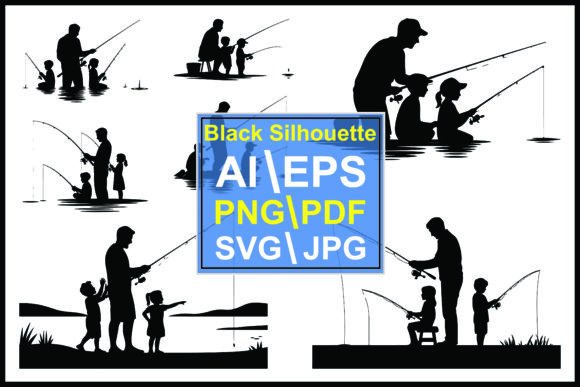 Silhouettes of People Fishing with Kids: Visual Storytelling