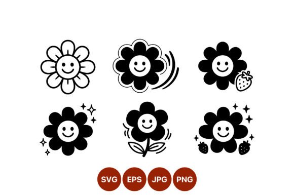 Smiling Flower Black White Icons: Versatile Vector Assets